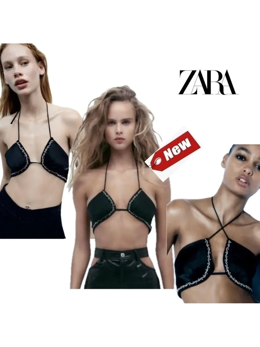 Zara black beaded rhinestone embellished satin bralette crop top Sz L NWT - Picture 2 of 14